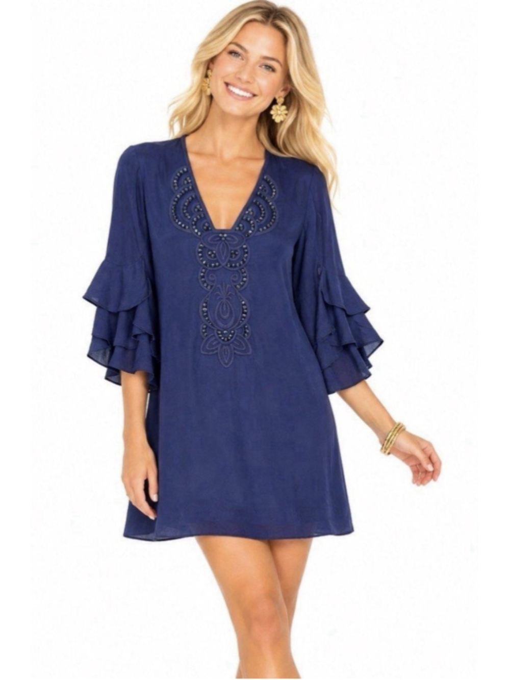 Lilly Pulitzer Tatiana Stretch Silk Dress XL Blue Beaded Bell Sleeve Preppy Chic